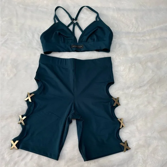 Savage X Fenty SavageXXX Cut-Out Bike Shorts & Sports Bra Set | Teal | Medium - Picture 3 of 4